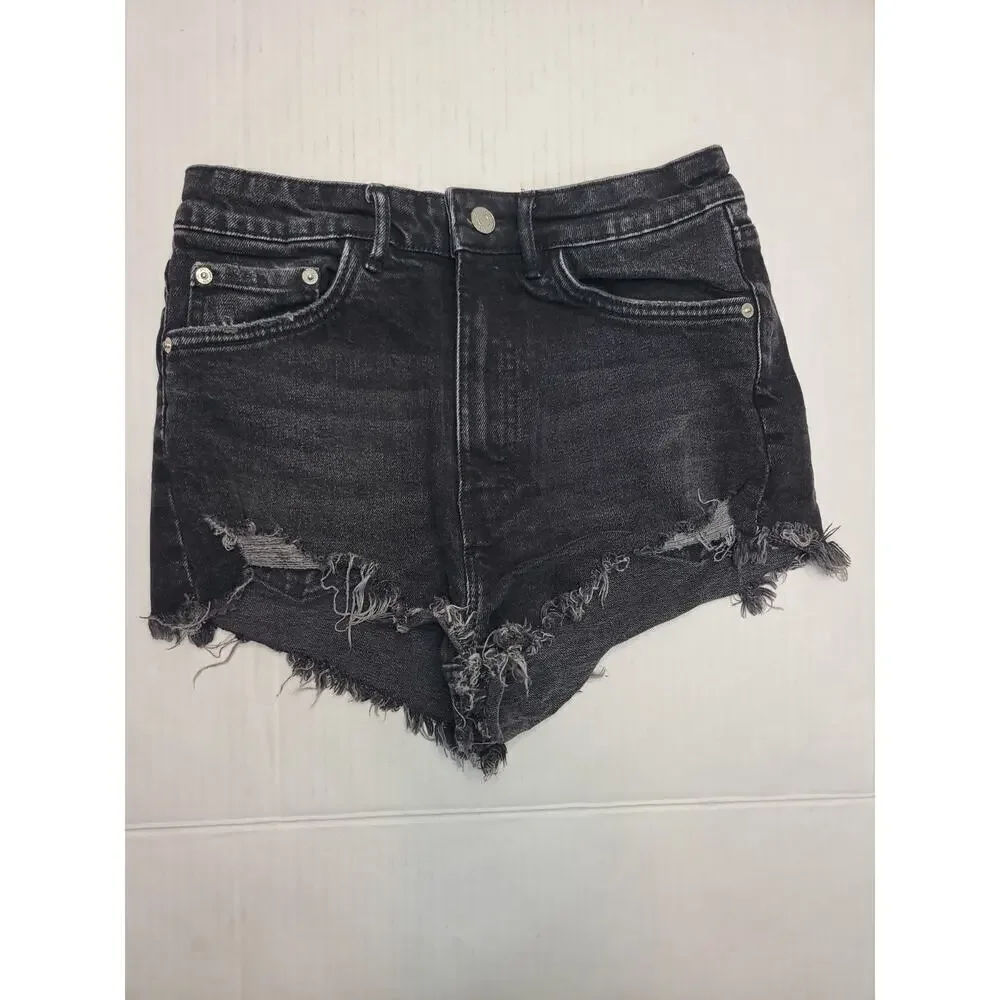 ZARA Denim Shorts Womens Size 6 Cut-off High Rise Stretch Charcoal Gray